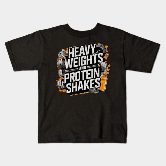 "Heavy weights and protein shakes" gym workout typography Kids T-Shirt by Digimux